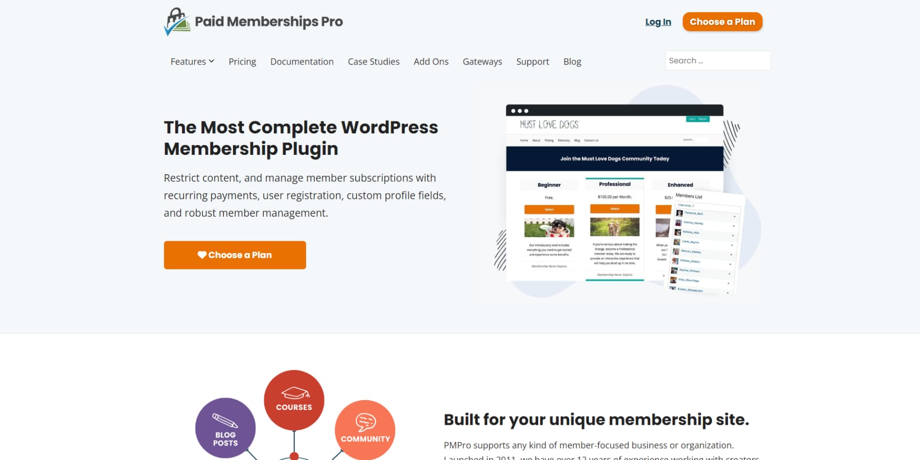 A screenshot of Paid Memberships Pros homepage