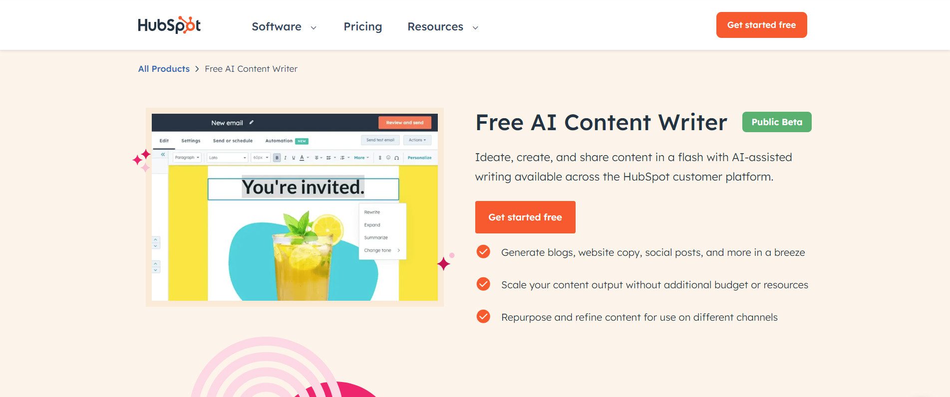 Hubspot AI Content Writer Landing Page July 2024