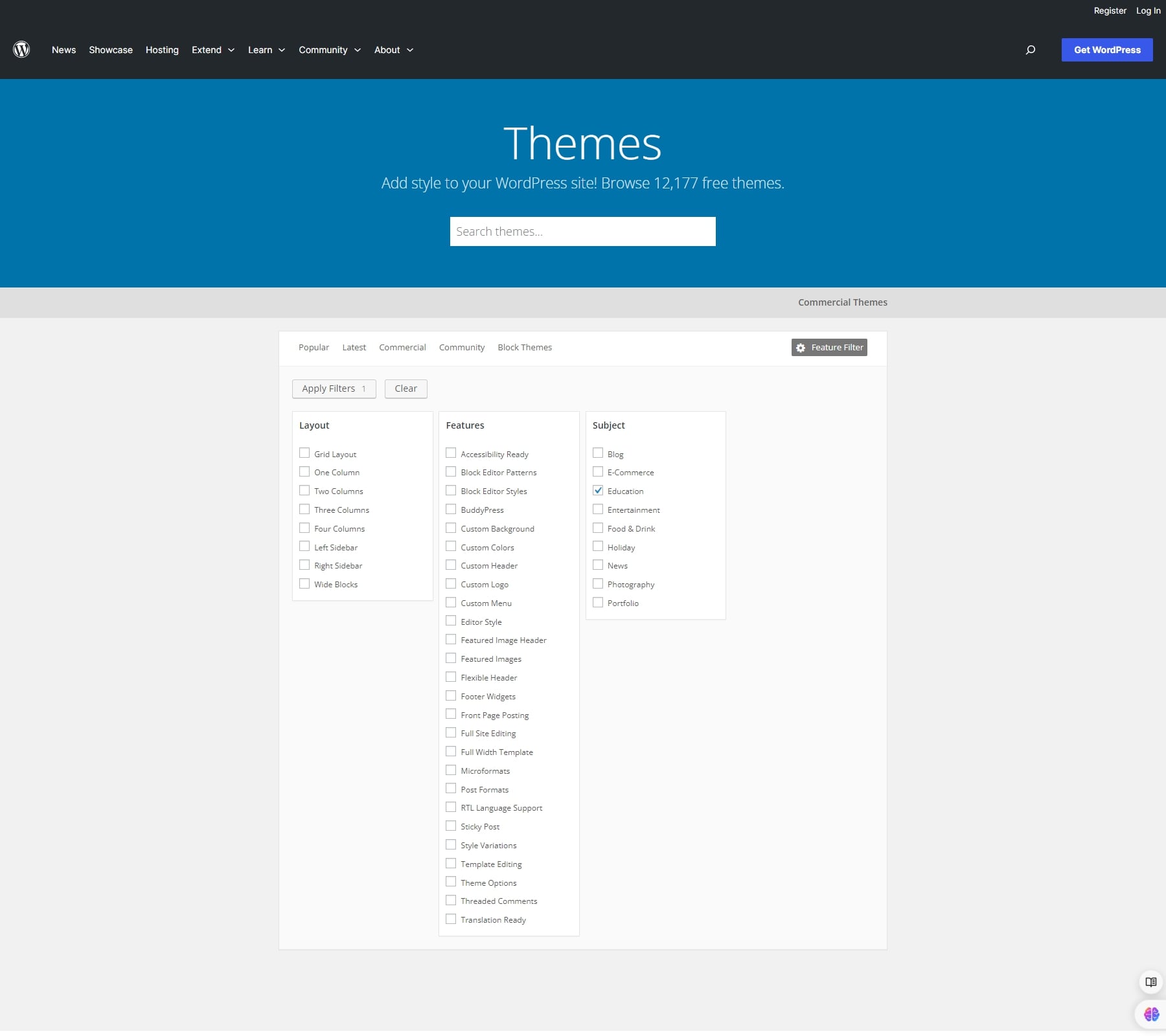 wordpress themes search filter