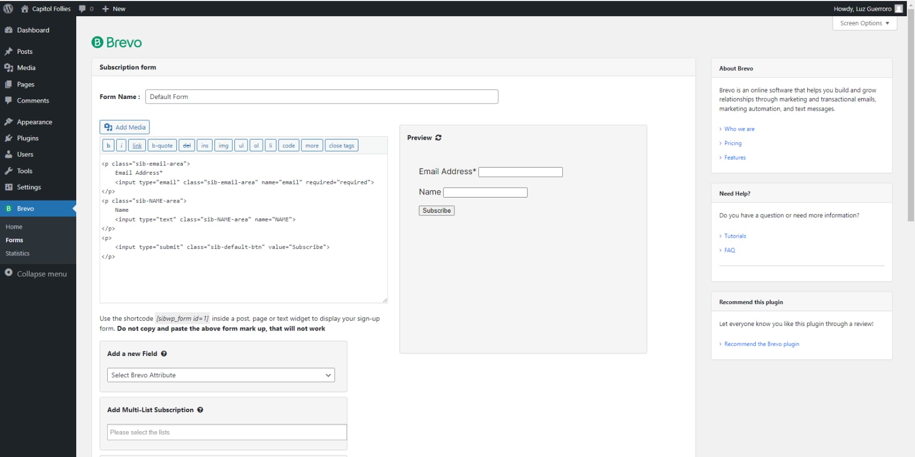 A screenshot of Brevos WordPress Plugins user interface