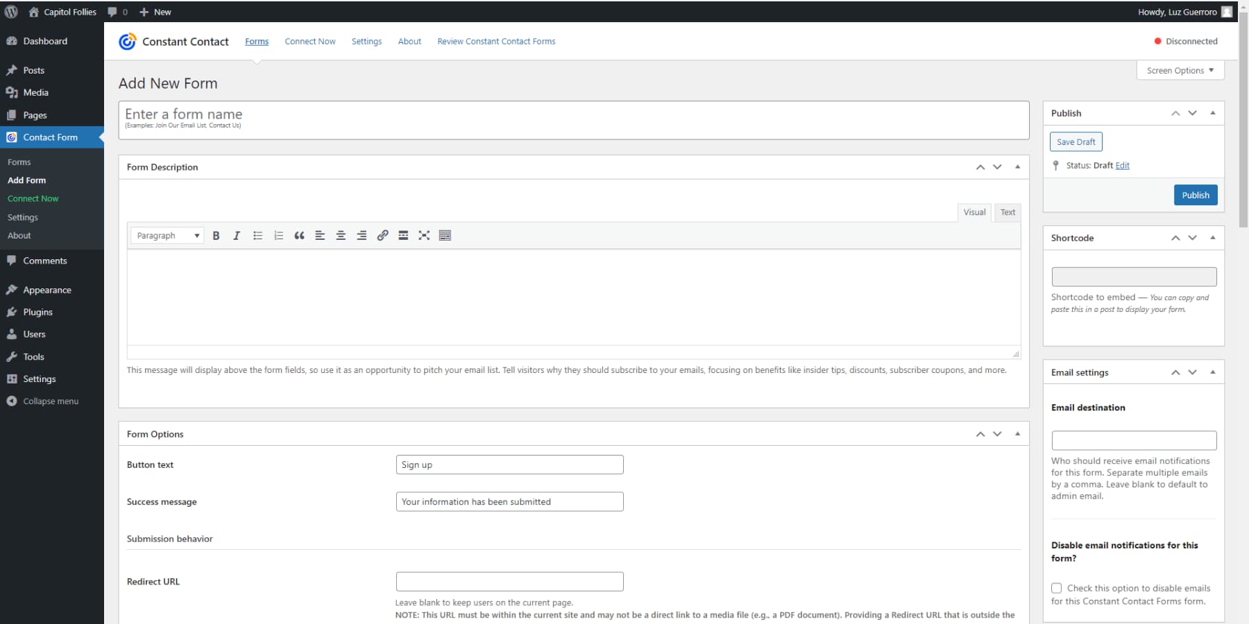 A screenshot of Constant Contact WordPress Plugins user interface