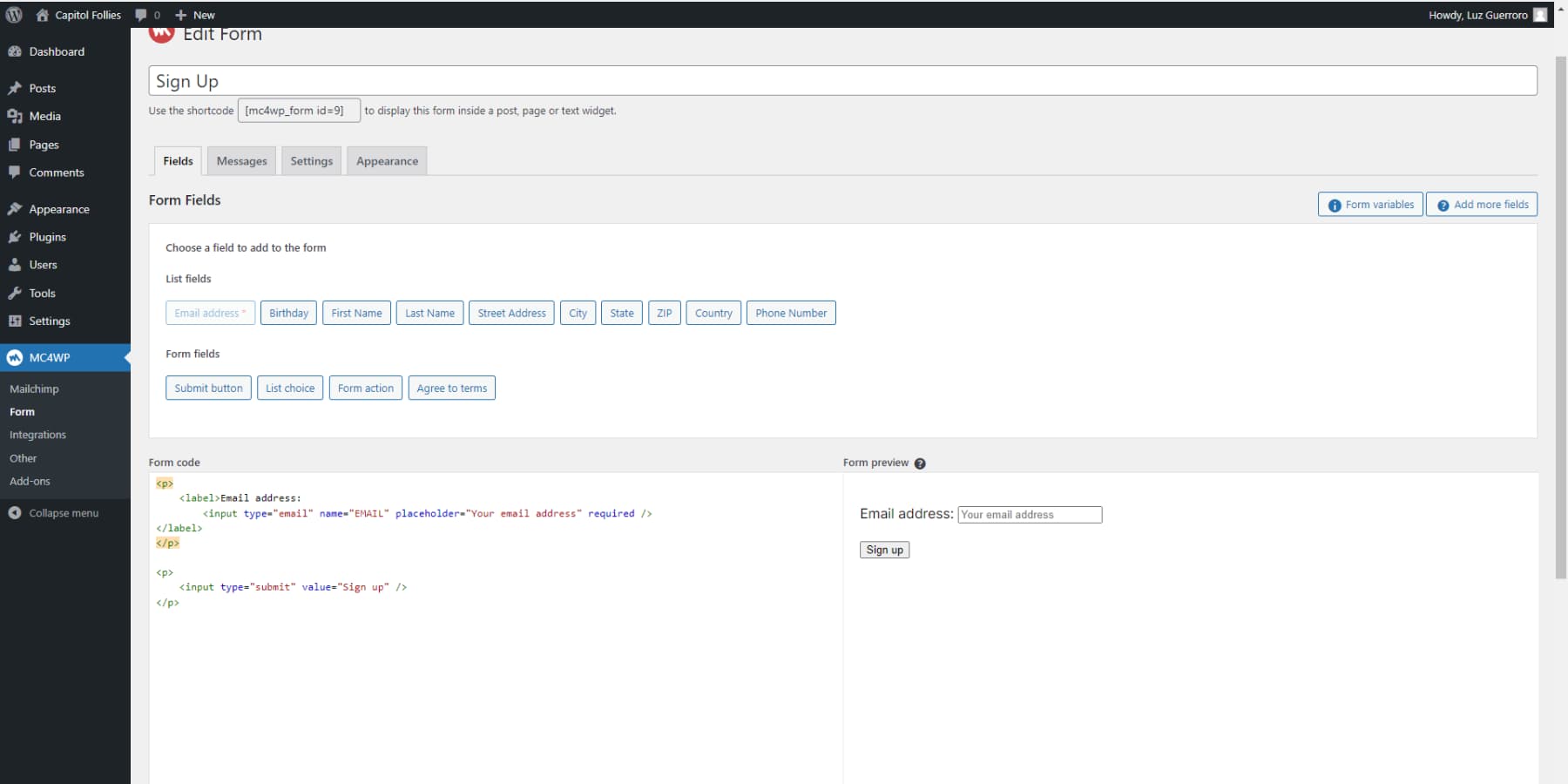 A screenshot of MailChimp WordPress Plugins user interface