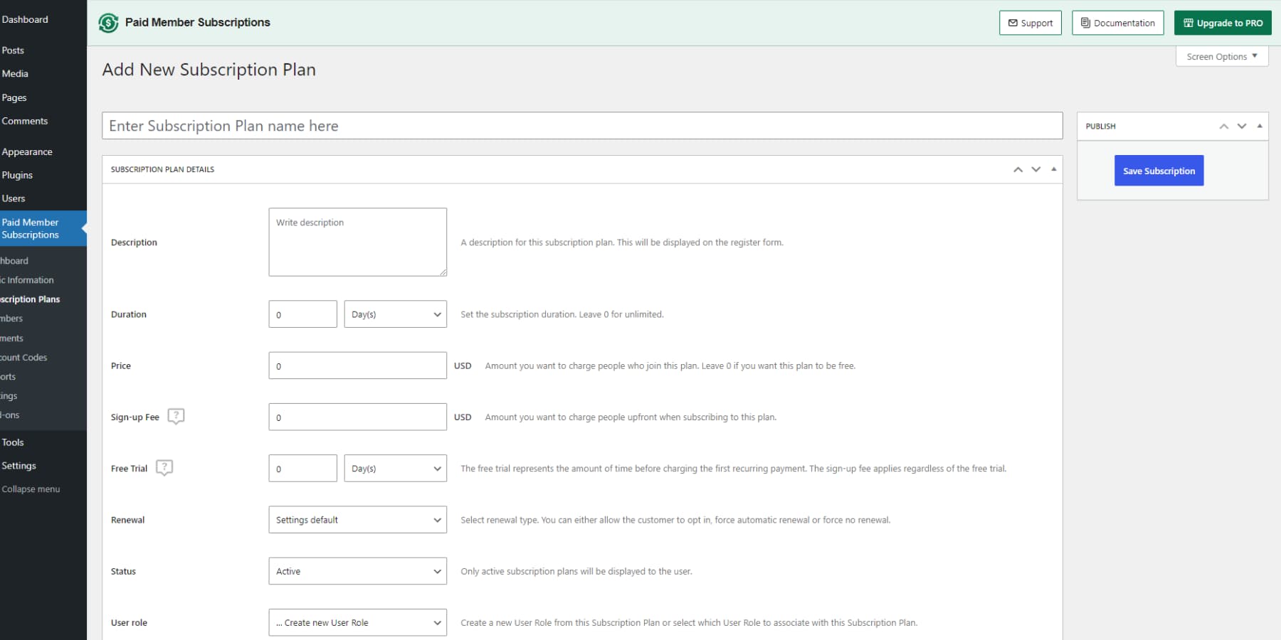 A screenshot of Paid Member Subscriptions user interface