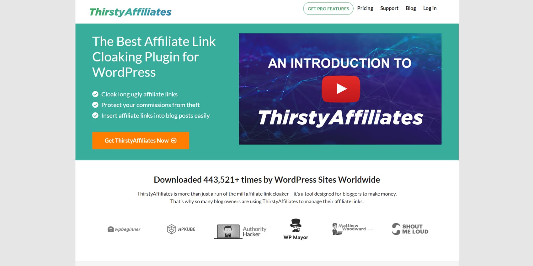 A screenshot of ThirstyAffiliates Homepage