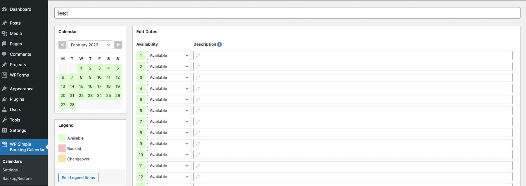 Booking calendar interface