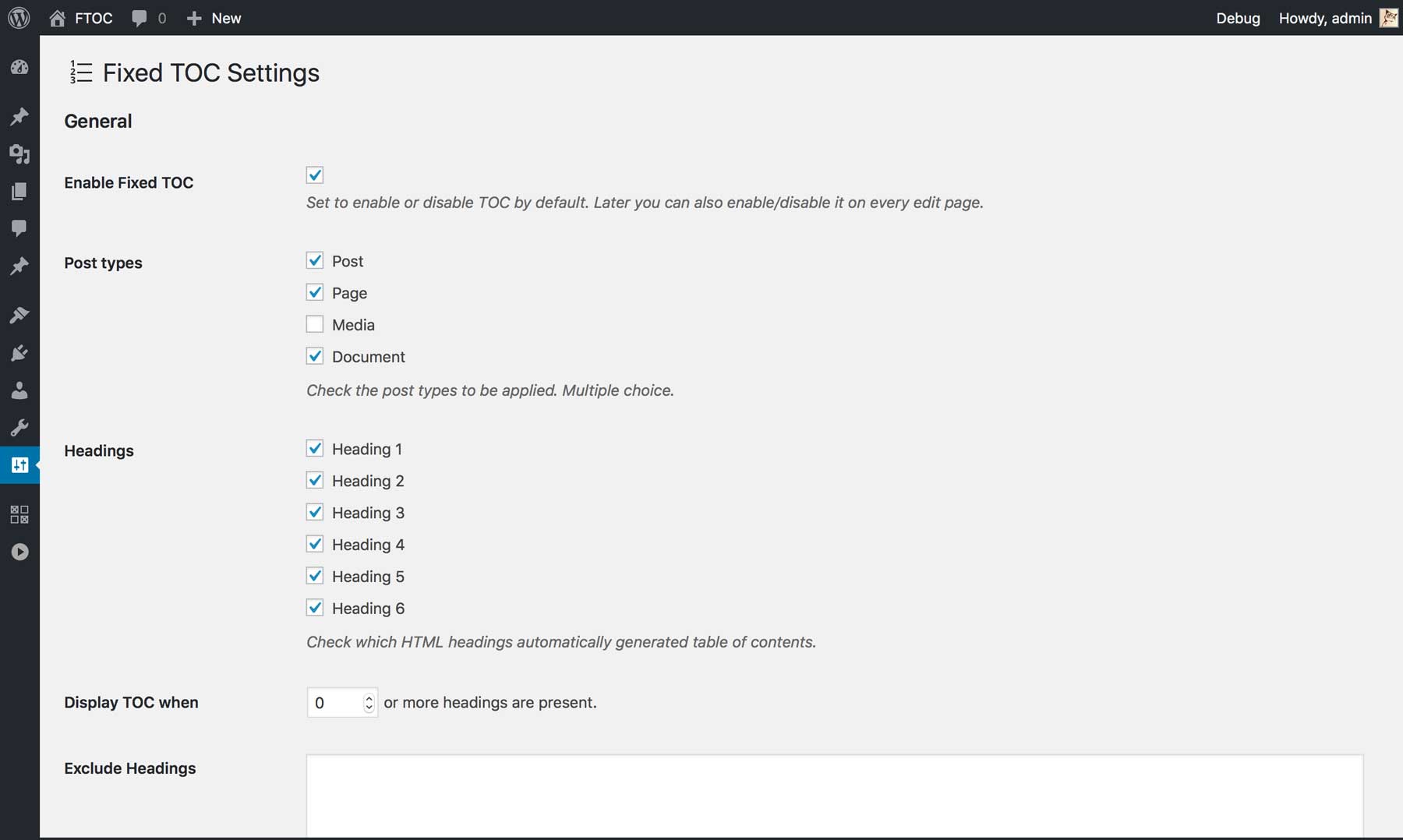 FixedTOC settings