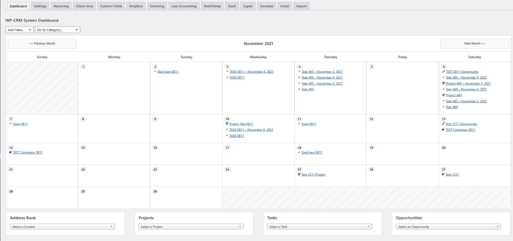 WP CRM Calendar View of Tasks and Projects