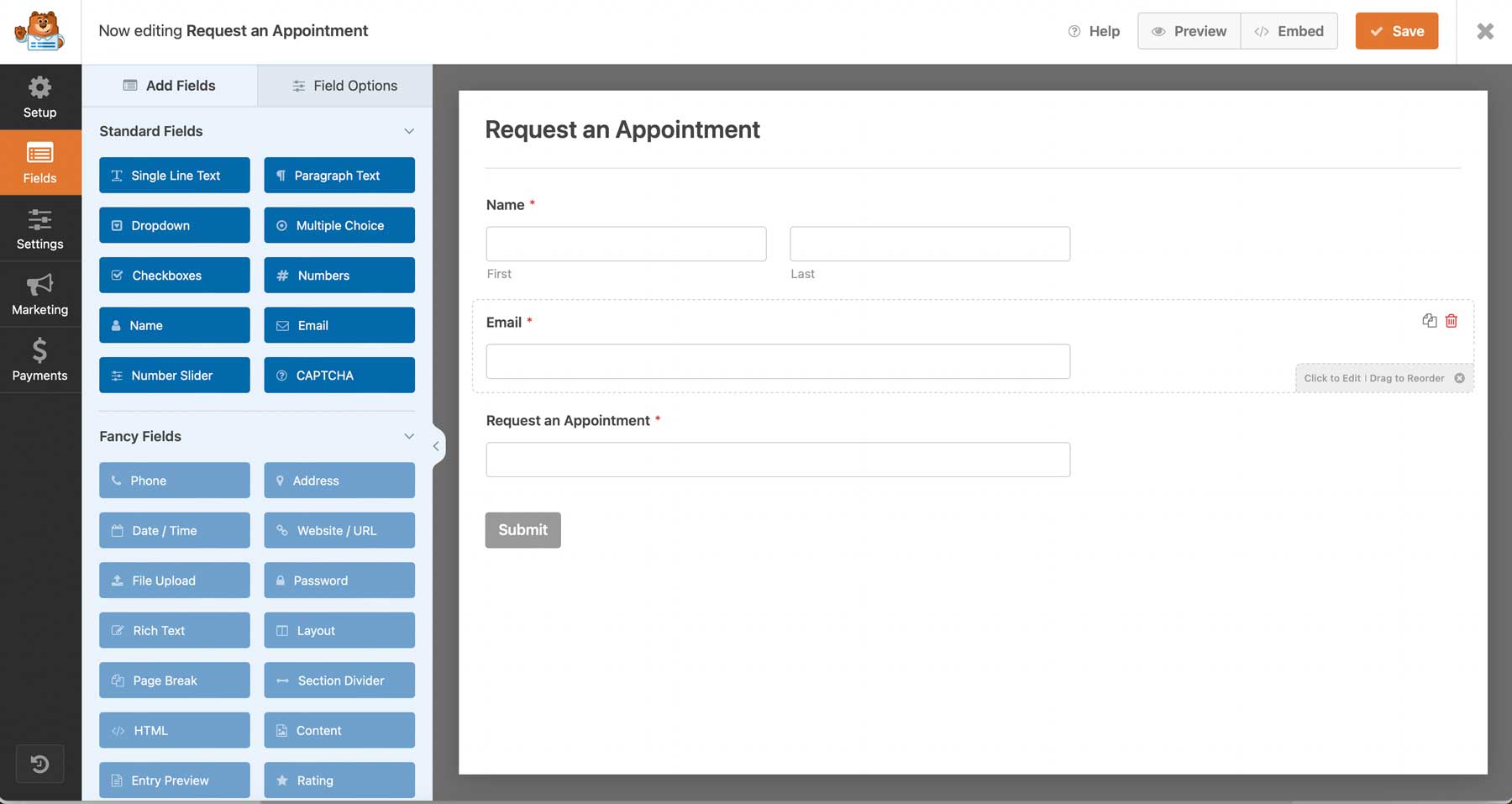 WP Forms drag and drop builder