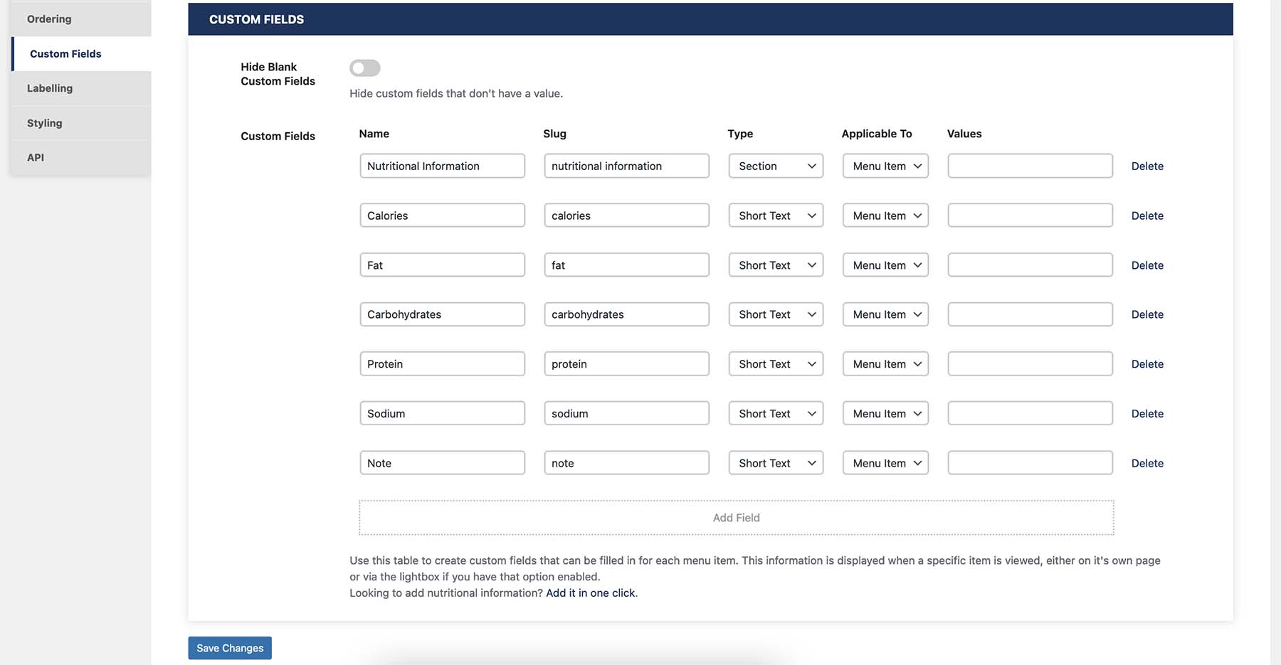 five star restaurant menu plugin internal dashboard