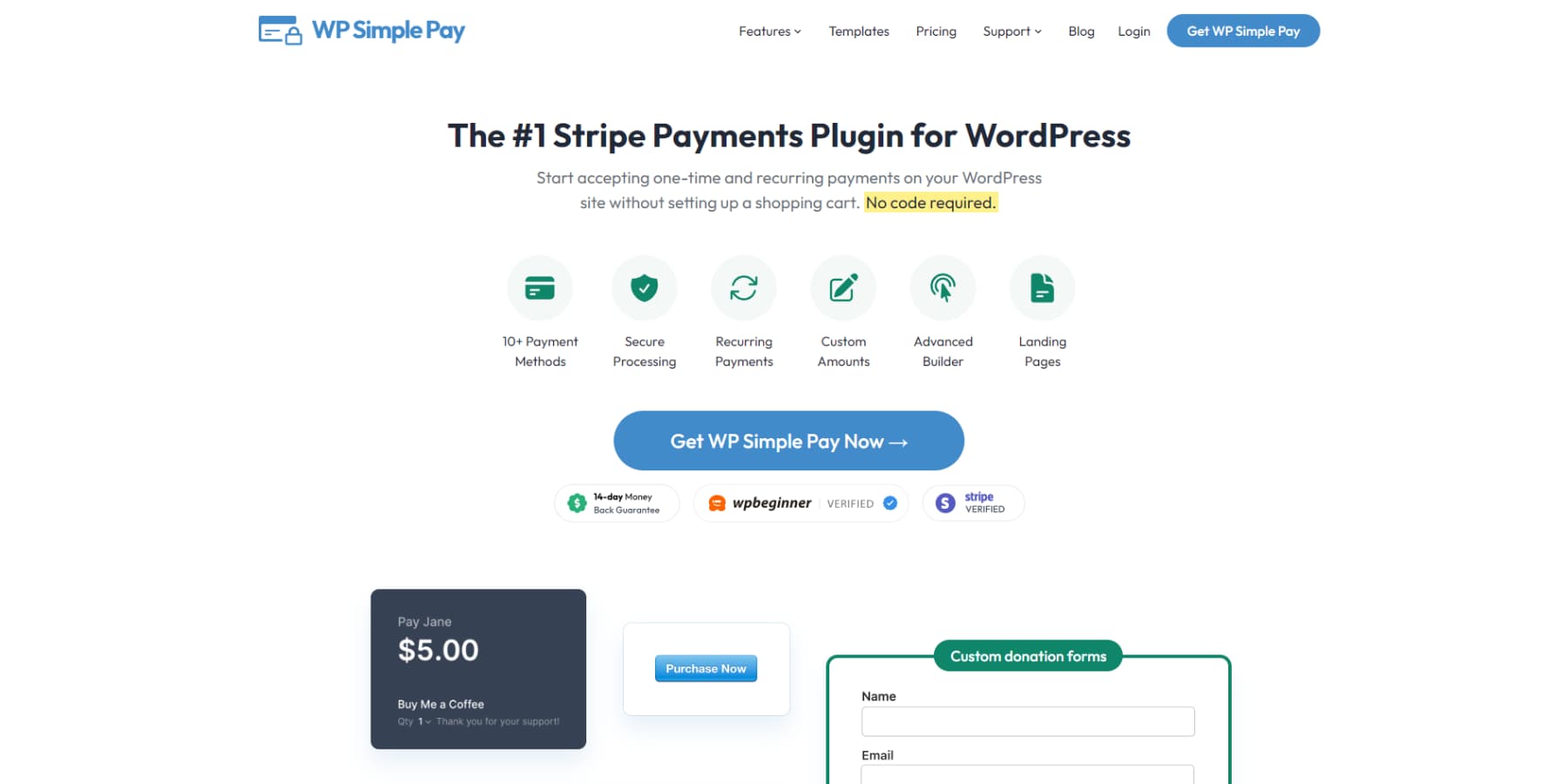 A screenshot of WP Simple Pays homepage