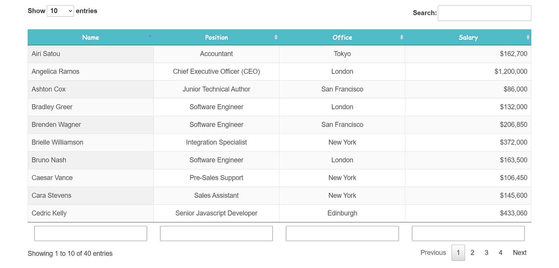 supsystic example table with sorting and search 1