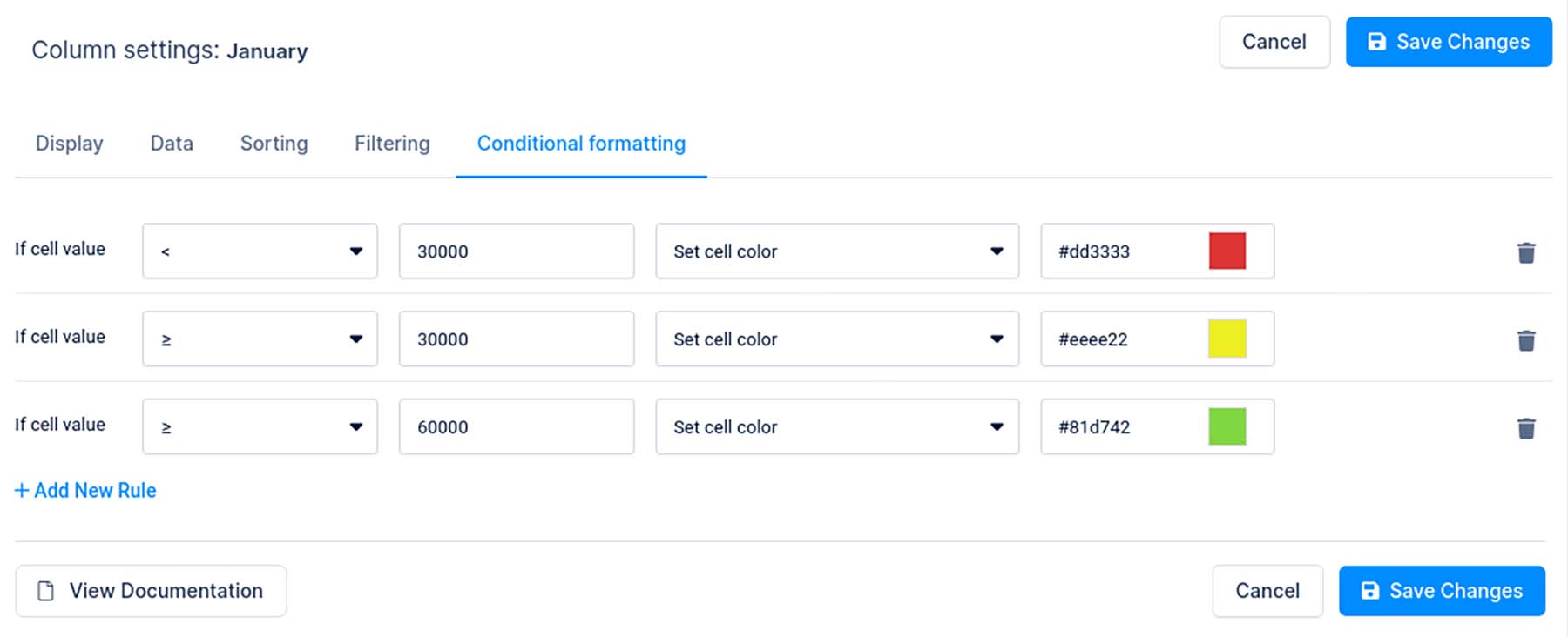 wpdatatables conditional formating rules